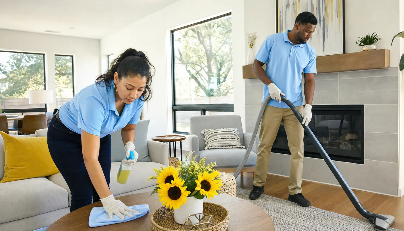 Two Bright Nest cleaners tidying a bright living room in Austin